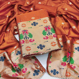 Orange Floral Woven With Swarovski Work Banarasi Silk Dress Material