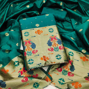 Rama Green Floral Woven With Swarovski Work Banarasi Silk Dress Material