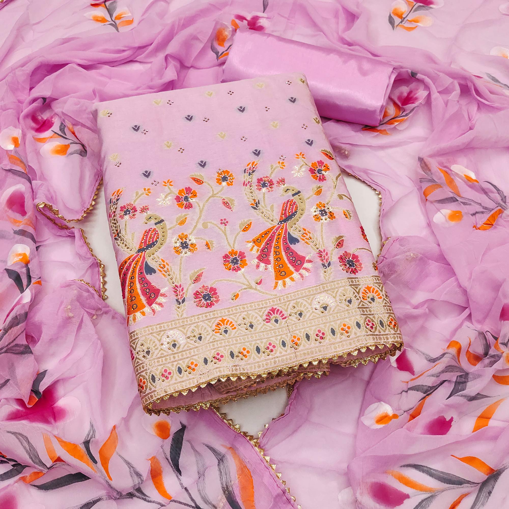 Pink Floral Woven With Swarovski Work Banarasi Silk Dress Material