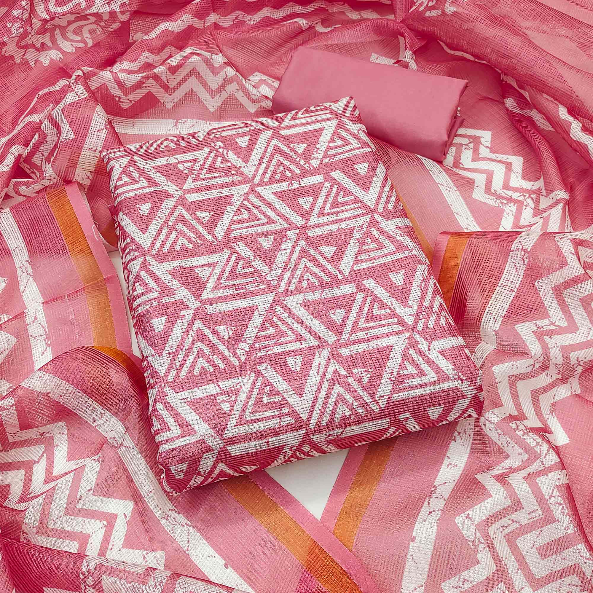Gajari Pink Geometric Printed Kota Doria Dress Material