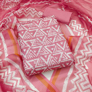 Gajari Pink Geometric Printed Kota Doria Dress Material