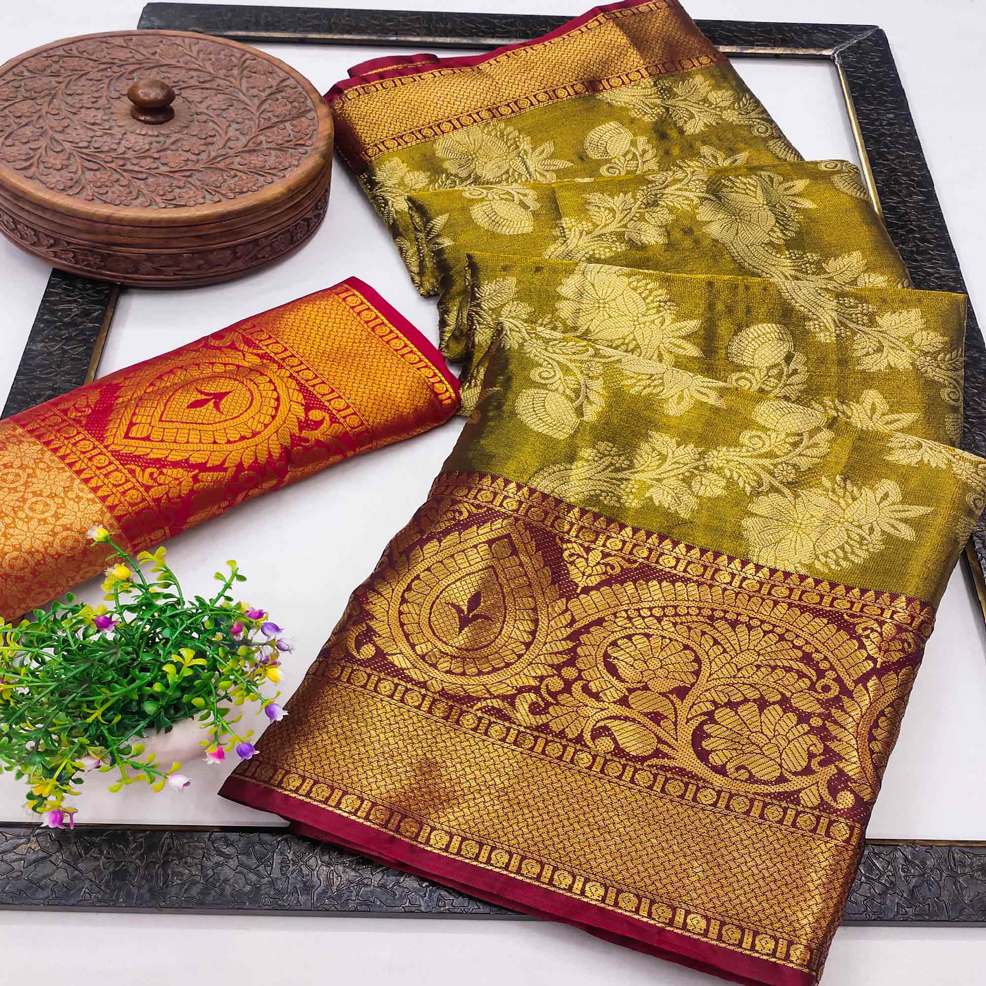 Olive Floral Woven Banarasi Silk Saree