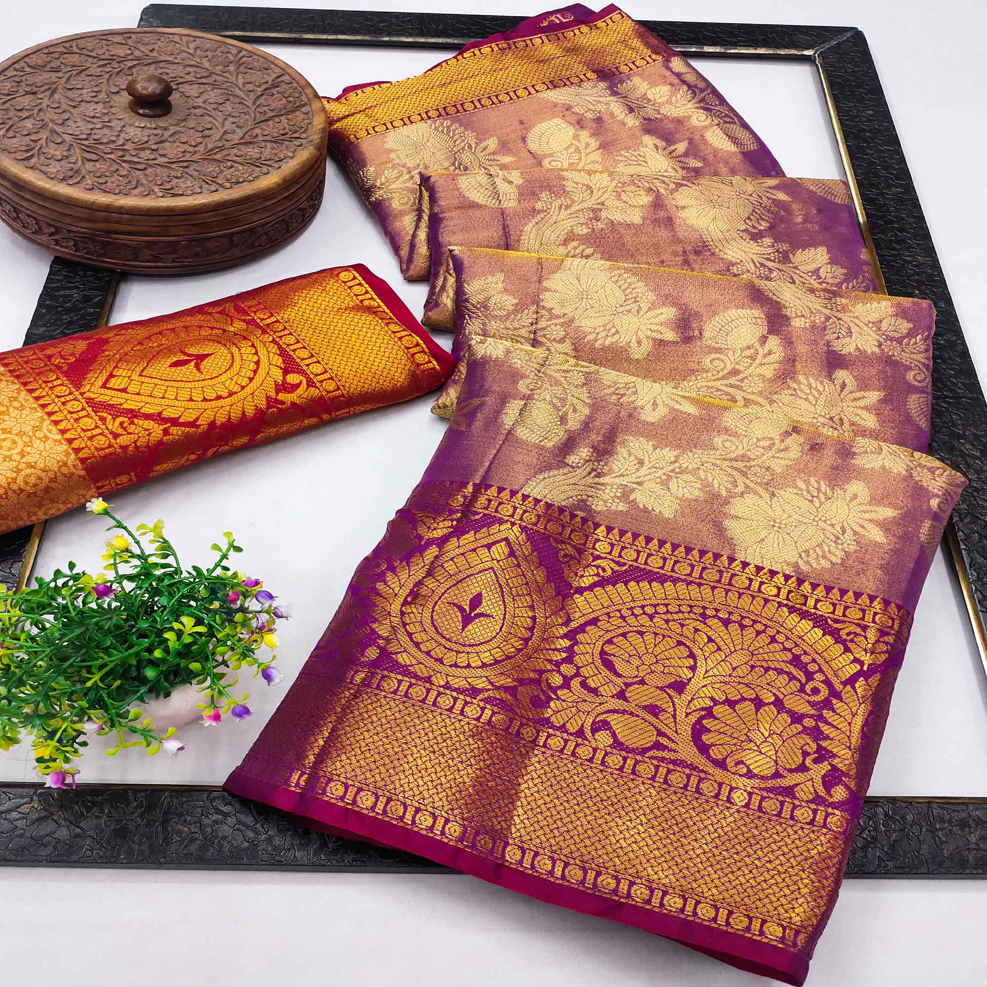 Purple Floral Woven Banarasi Silk Saree