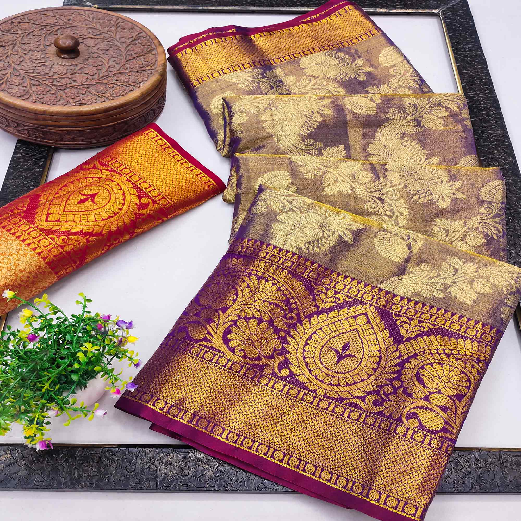 Violet Floral Woven Banarasi Silk Saree
