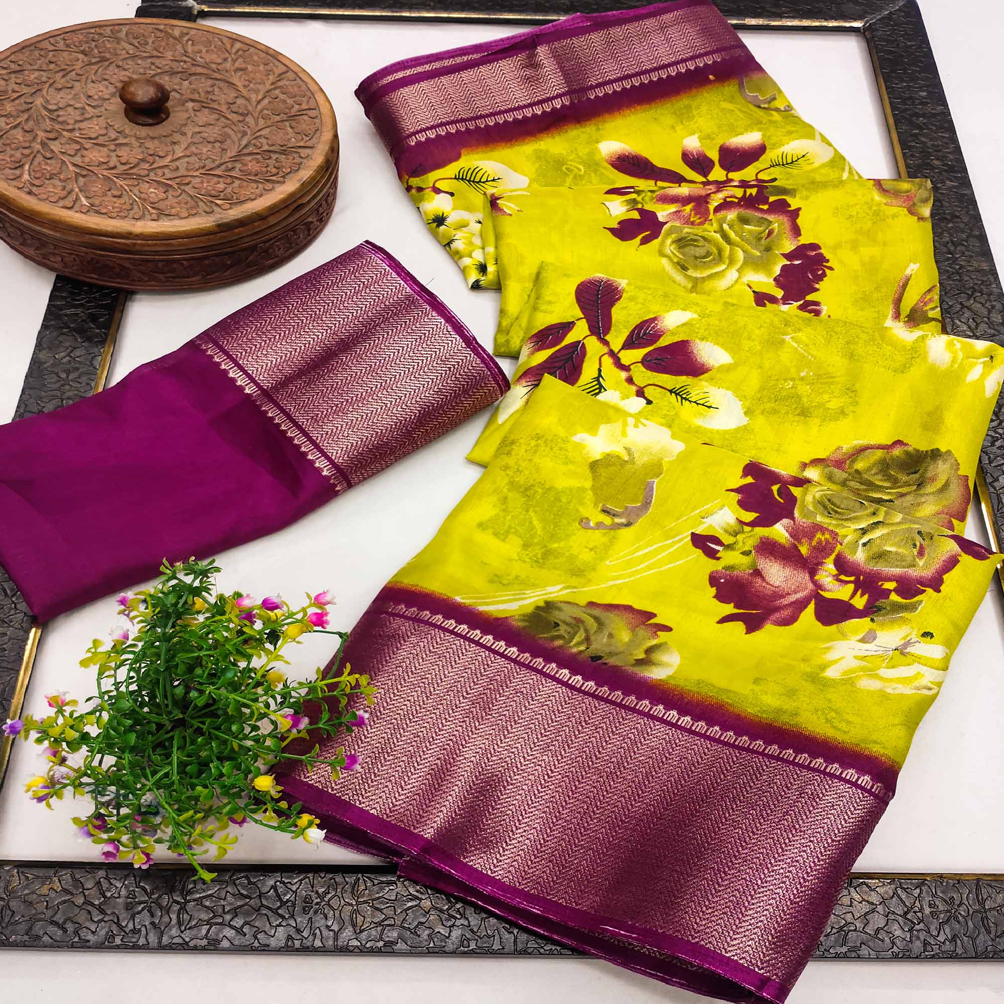 Green Floral Printed Art Silk Saree With Woven Border