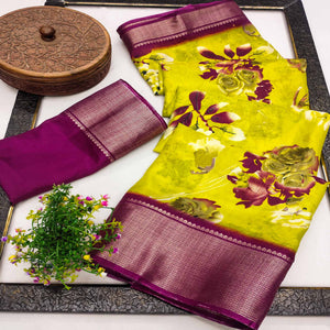 Green Floral Printed Art Silk Saree With Woven Border