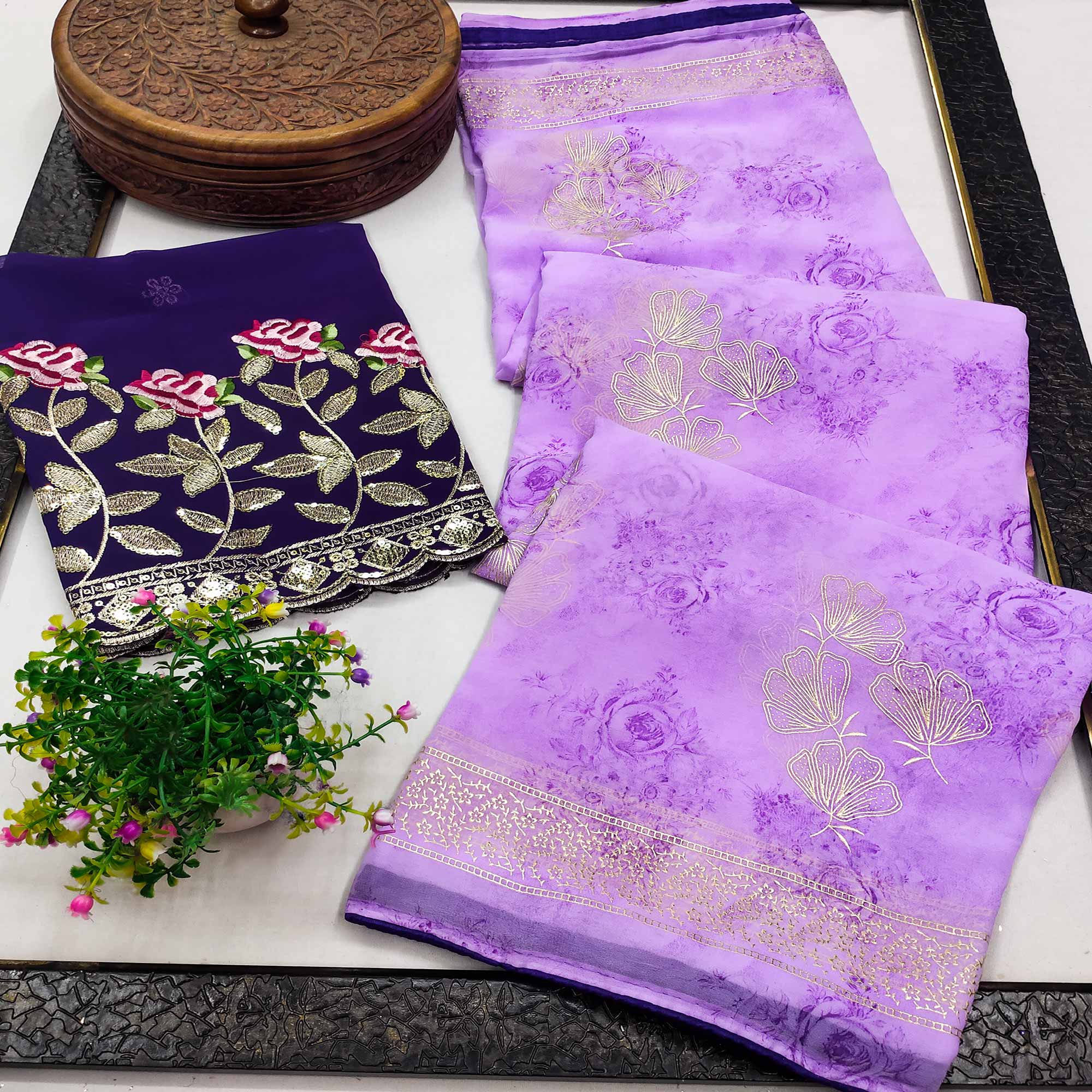 Purple Floral Printed Georgette Saree