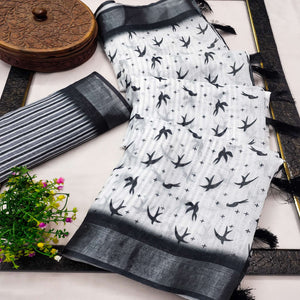 White & Black Linen Saree with Striking Abstract Prints for Everyday Elegance
