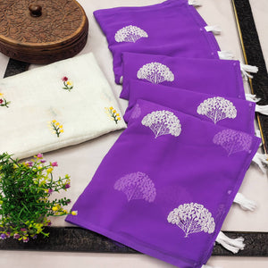 Purple Thread Embroidered Georgette Saree With Tassels