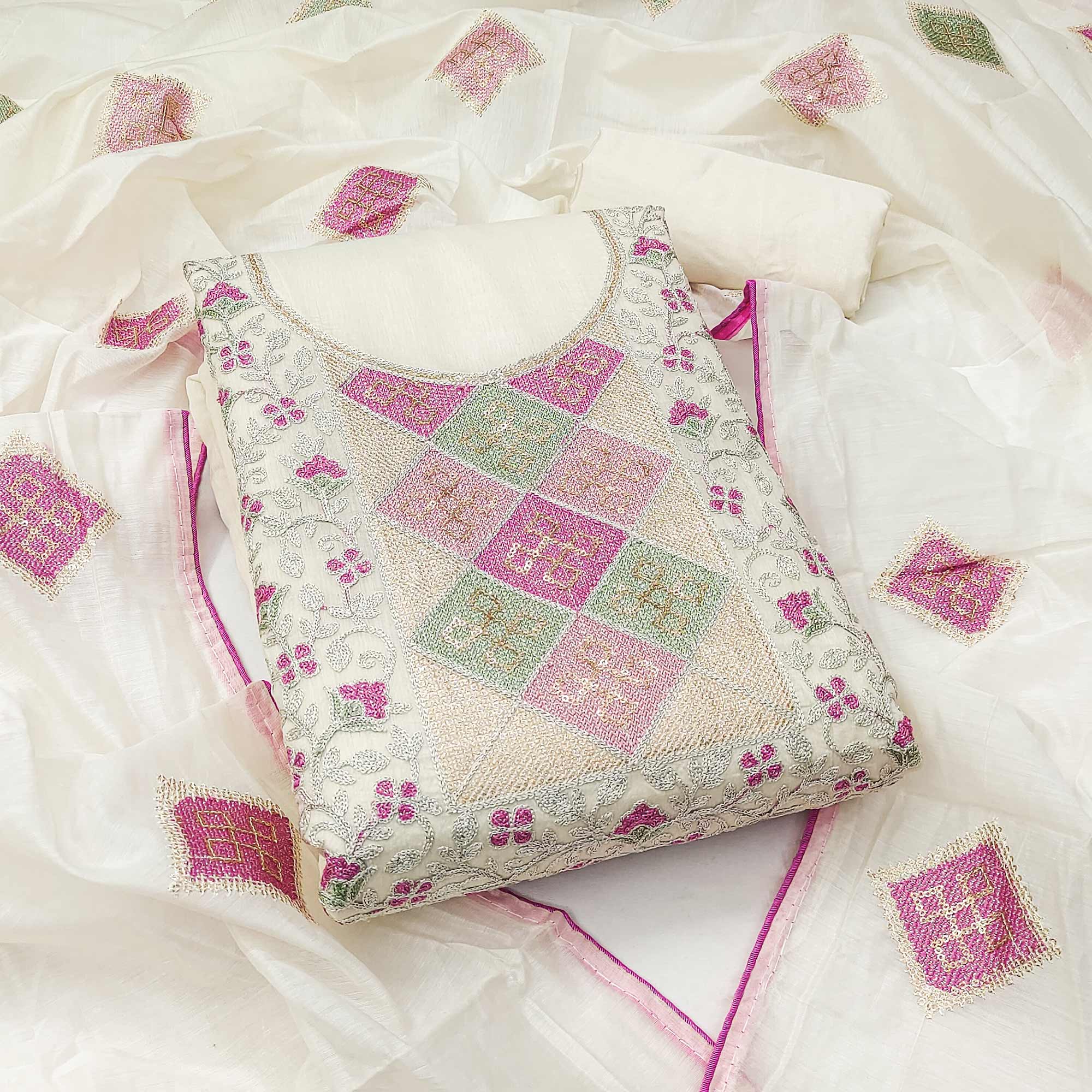 White Chanderi Unstitched Dress Material with Floral Embroidery