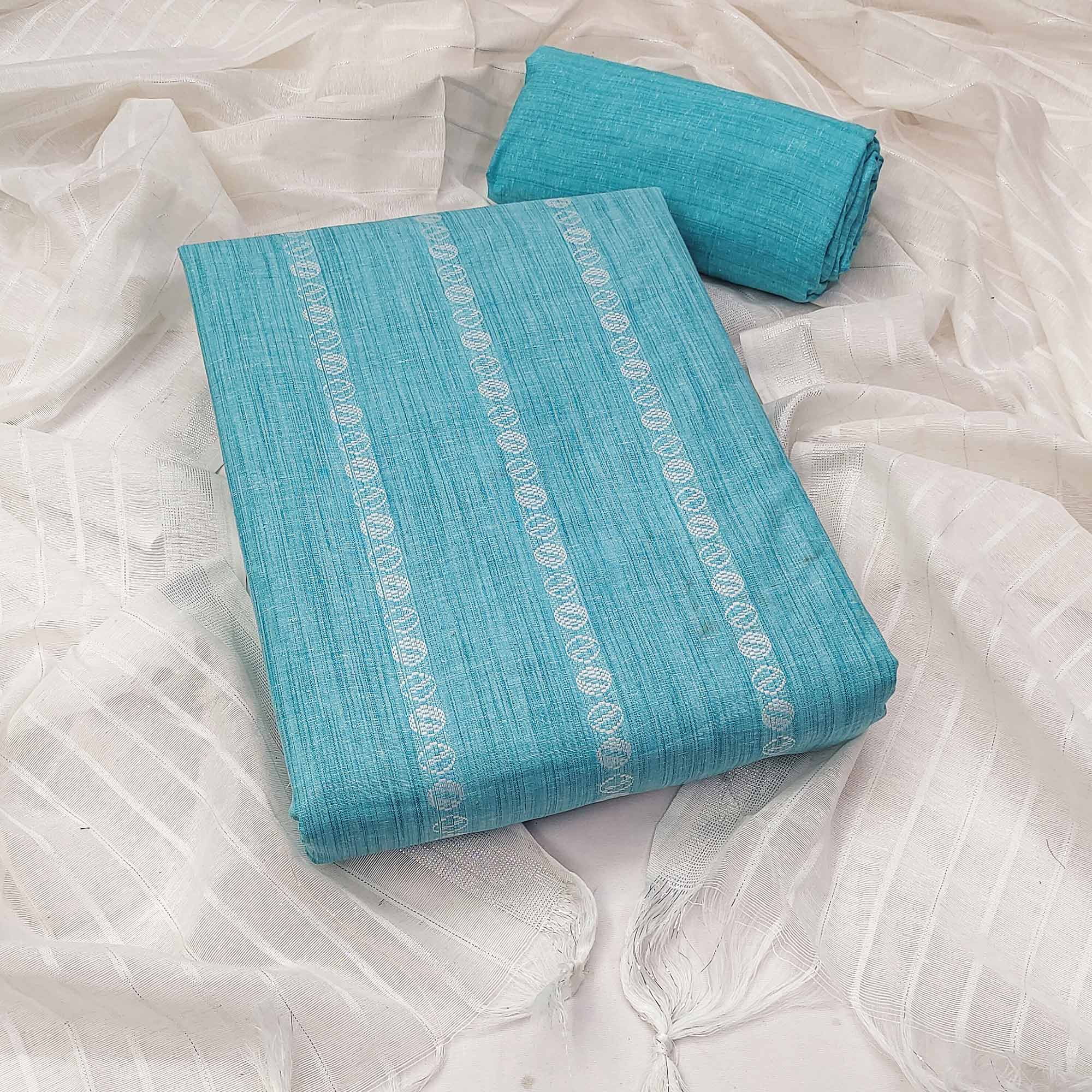 Intricate Weaving Work on Blue Pure Cotton Dress Material