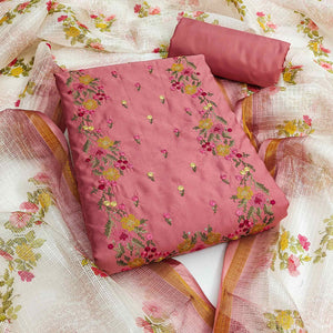 Peach Viscose Dress Material With Floral Embroidered Neckline