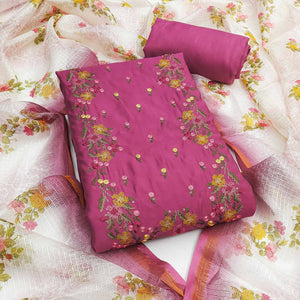 Pink Viscose Dress Material With Floral Embroidered Neckline