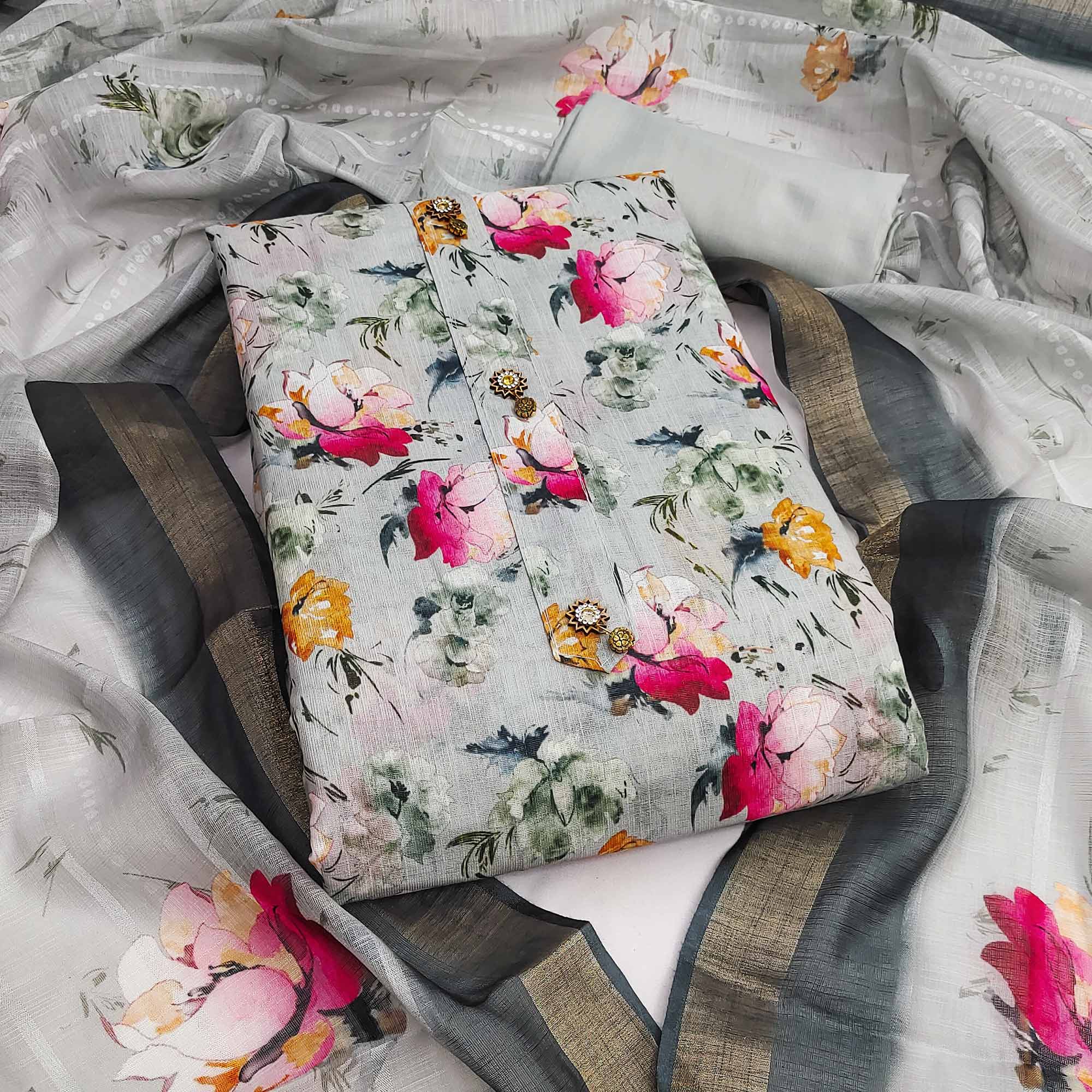 Grey Linen Dress Material With Delicate Floral Print