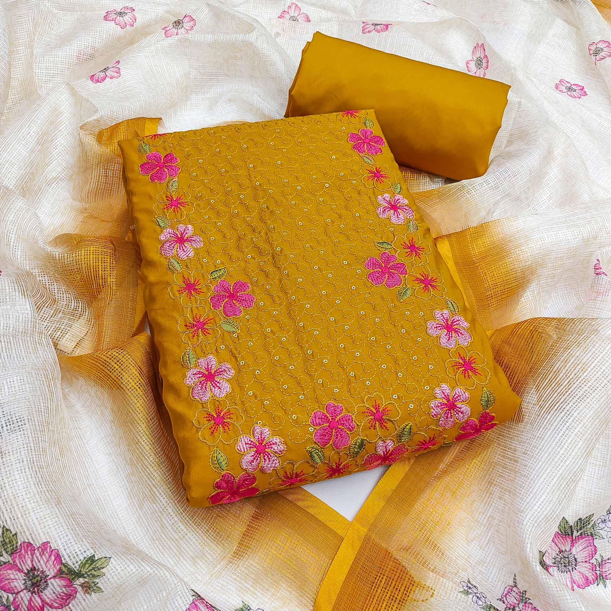 Mustard Delicate Floral Embroidery On Luxe Viscose Dress Material