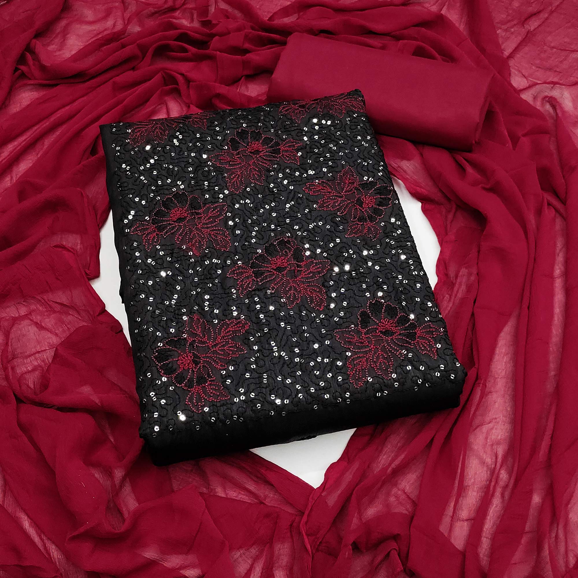 Black Silk Blend Dress Material with Sequin Embroidery