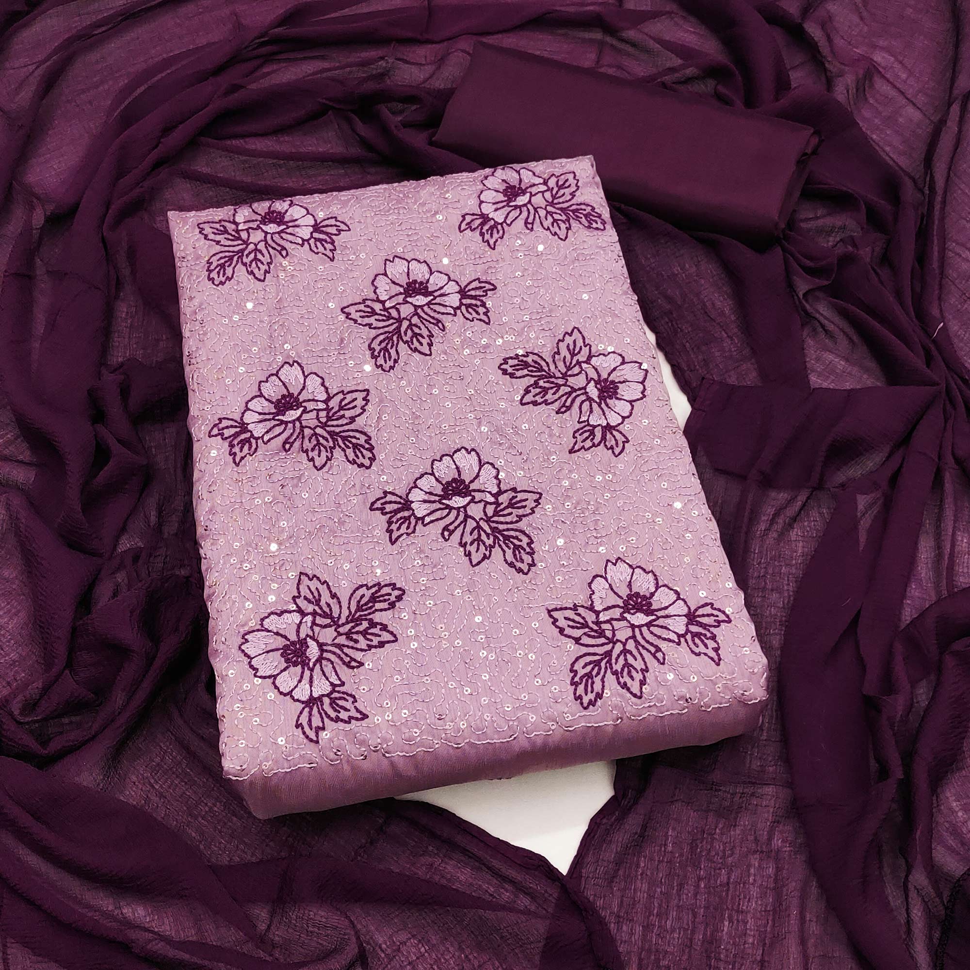 Light Pink Silk Blend Dress Material with Sequin Embroidery