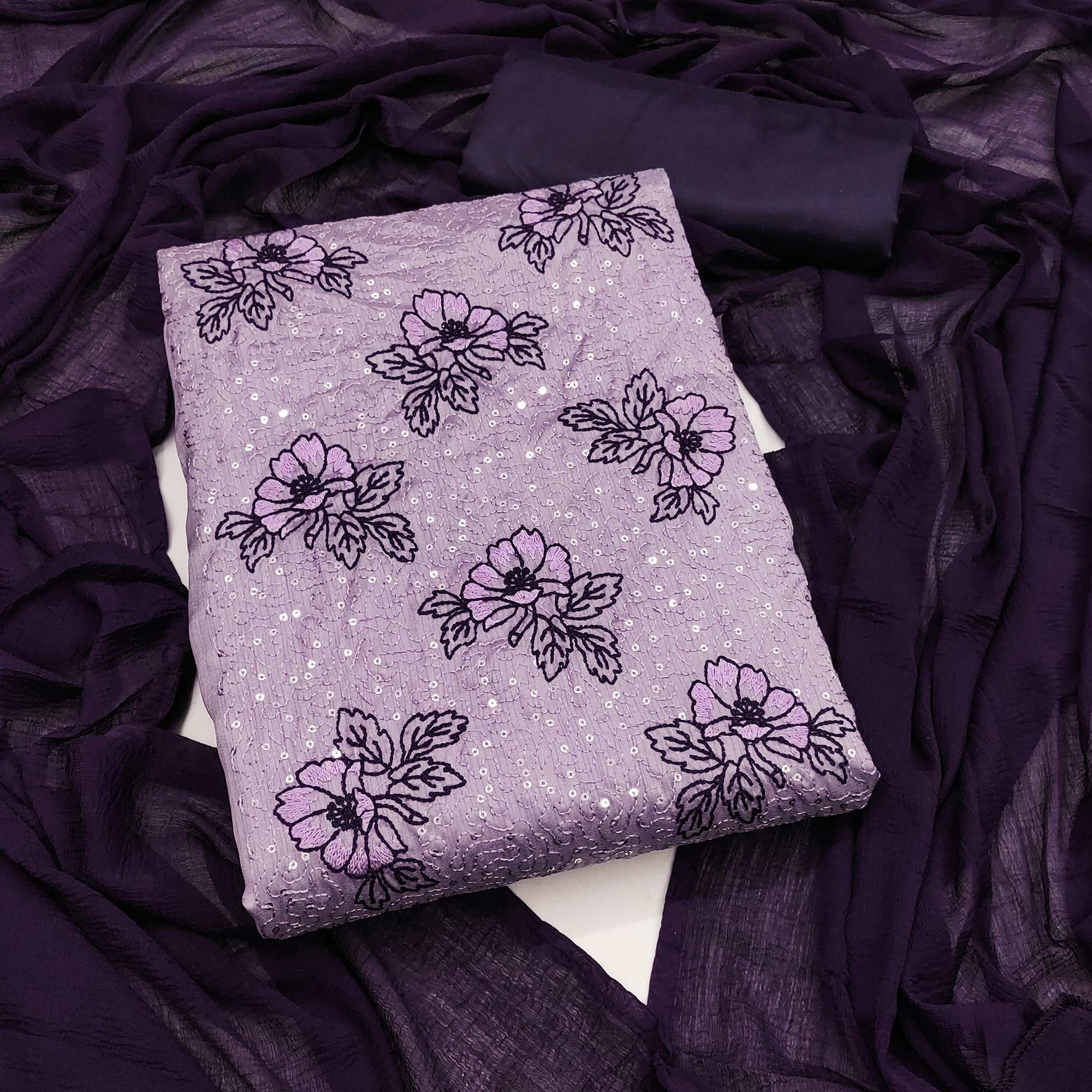 Light Purple Silk Blend Dress Material with Sequin Embroidery