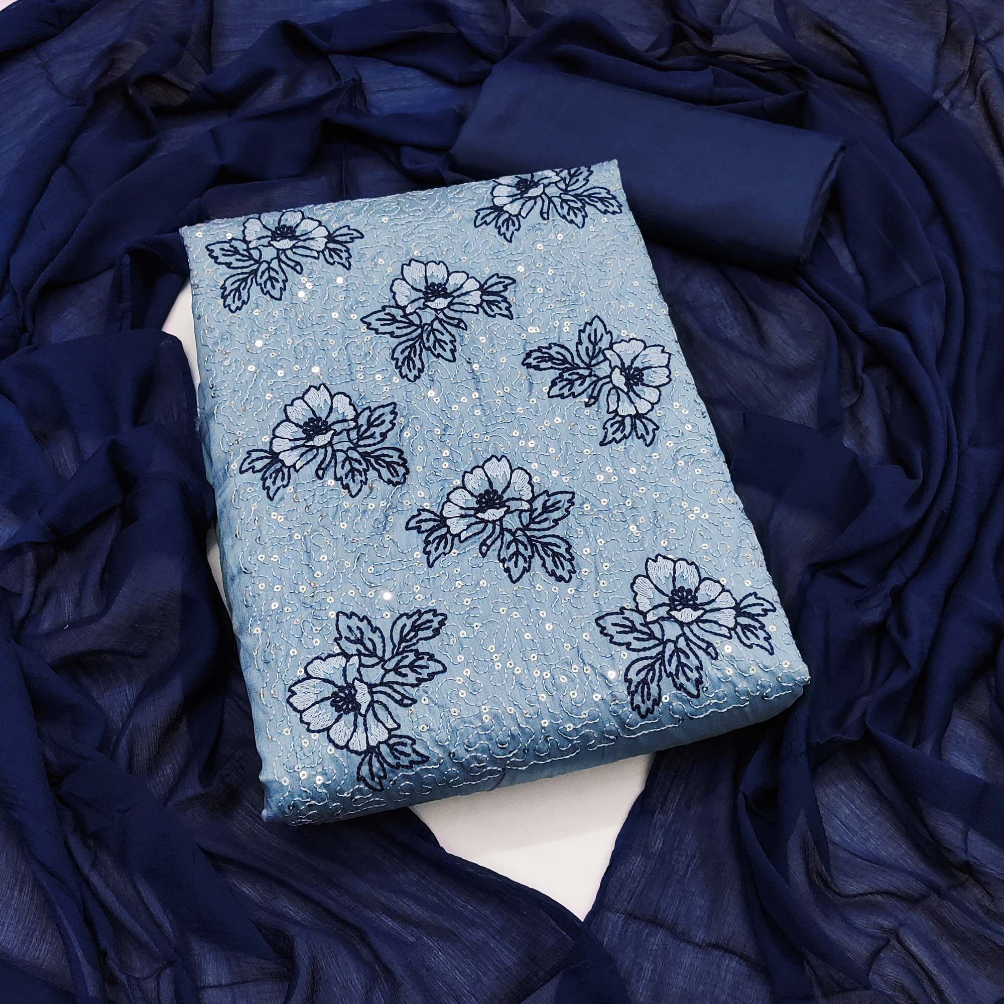 Sky Blue Silk Blend Dress Material with Sequin Embroidery