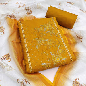 Mustard Viscose Dress Material With Stunning Floral Sequin Embroidery