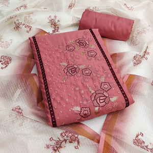 Peach Viscose Dress Material With Stunning Floral Sequin Embroidery