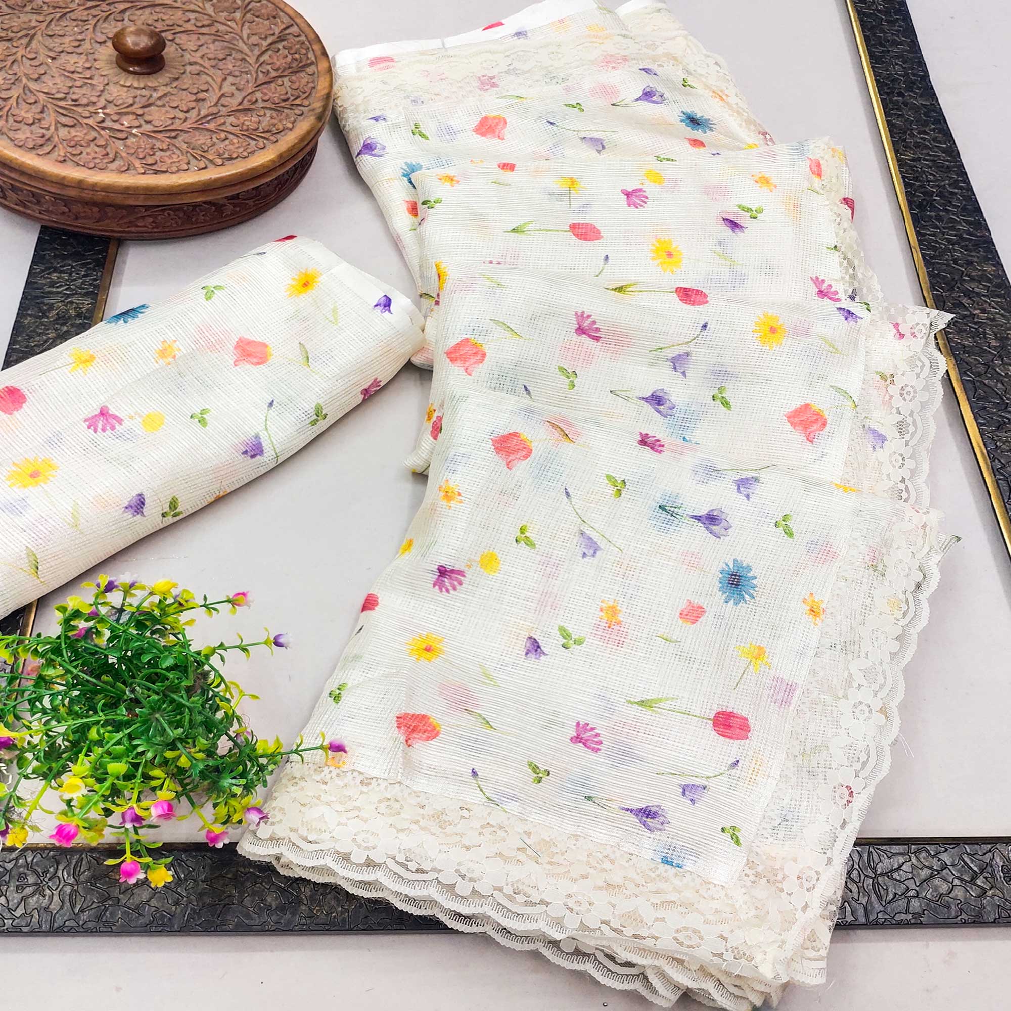 Elegant White Floral Kota Doria Saree with Delicate Lace Detailing