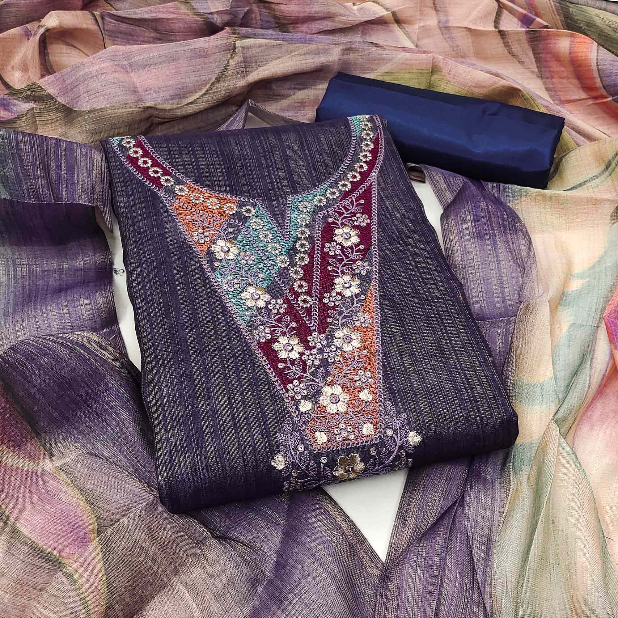 Blue Art Silk Dress Material With Neck Embroidery