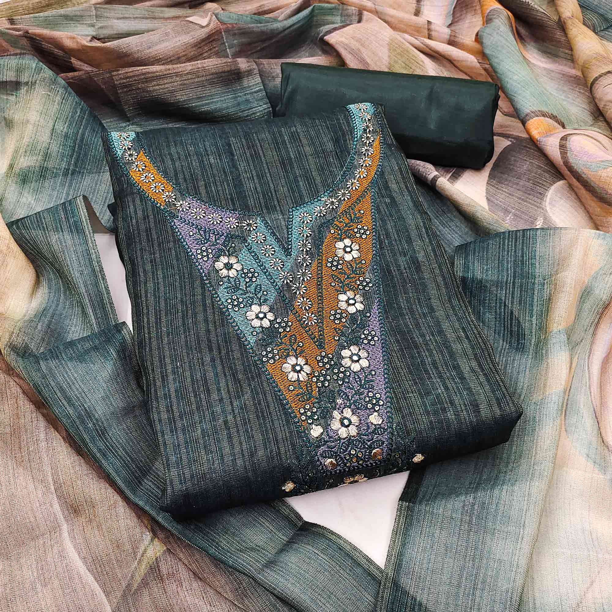 Grey Art Silk Dress Material With Neck Embroidery