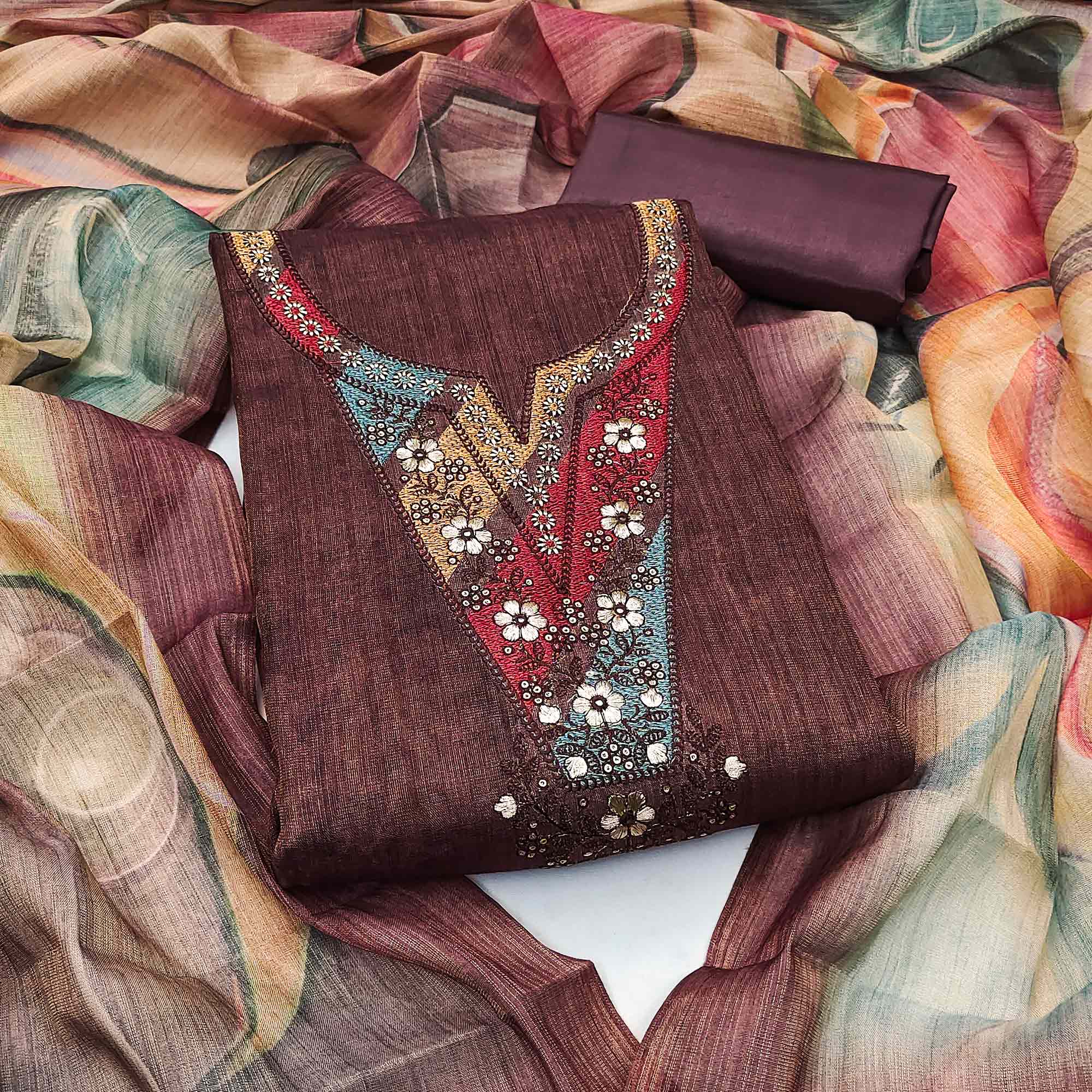 Mauve Art Silk Dress Material with Neck Embroidery