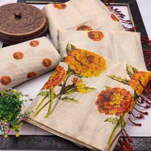Chikoo Floral Art Silk Saree with Elegant Print