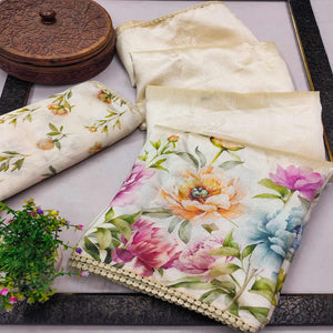 Cream Floral Printed Silk Blend Saree With Delicate Zari Work
