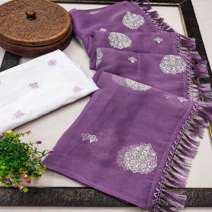Purple Embroidered Chiffon Saree With Elegant Tassel Borders