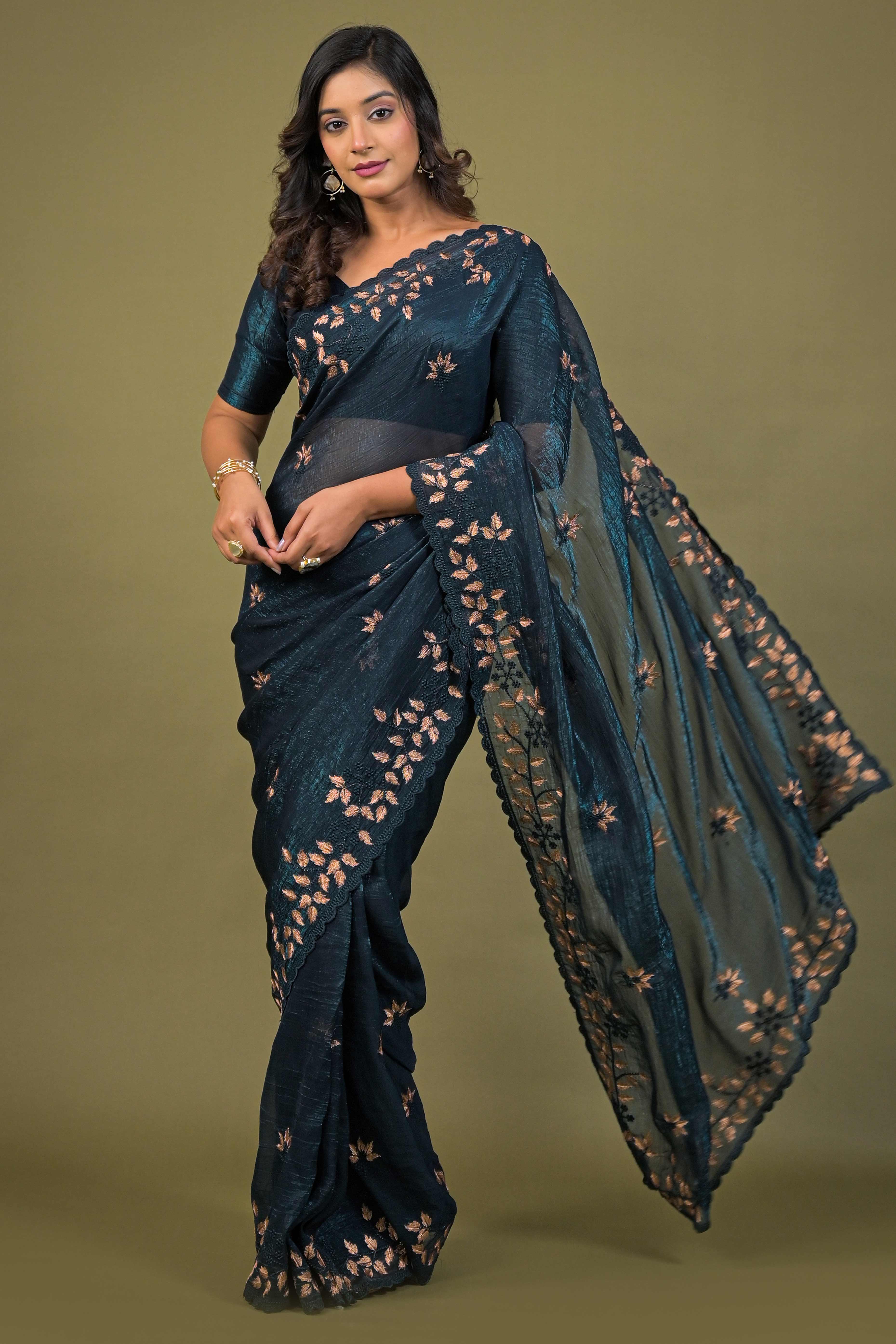 Dark Teal Sheer Organza Saree Adorned with Floral Embroidery