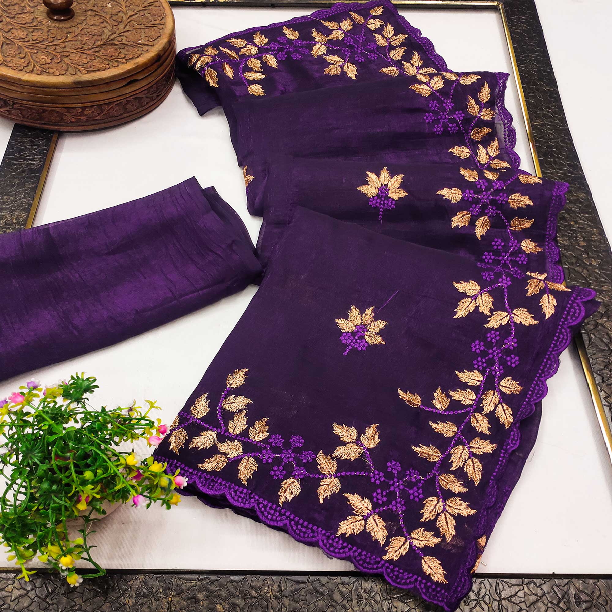 Dark Purple Sheer Organza Saree Adorned with Floral Embroidery