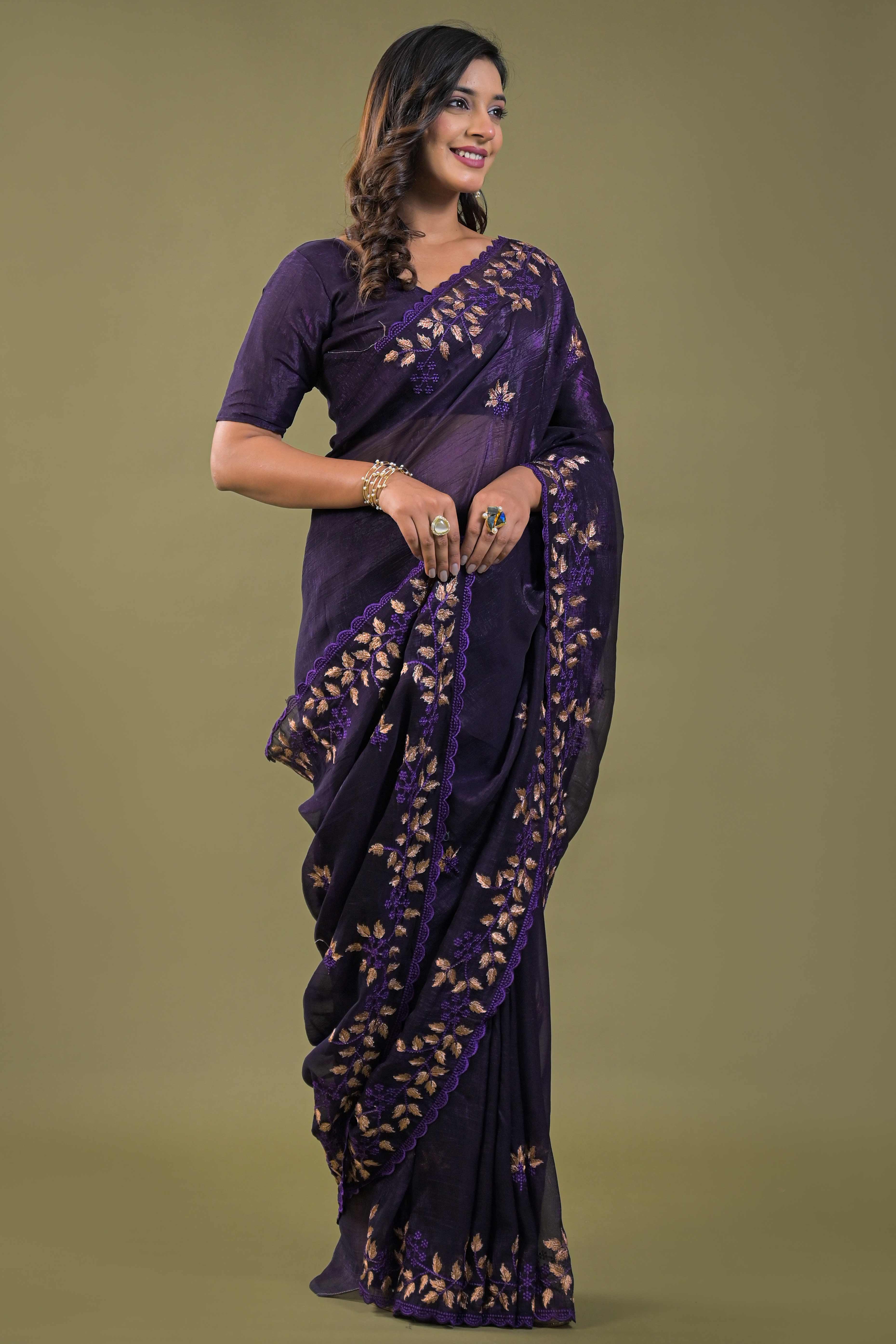 Dark Purple Sheer Organza Saree Adorned with Floral Embroidery