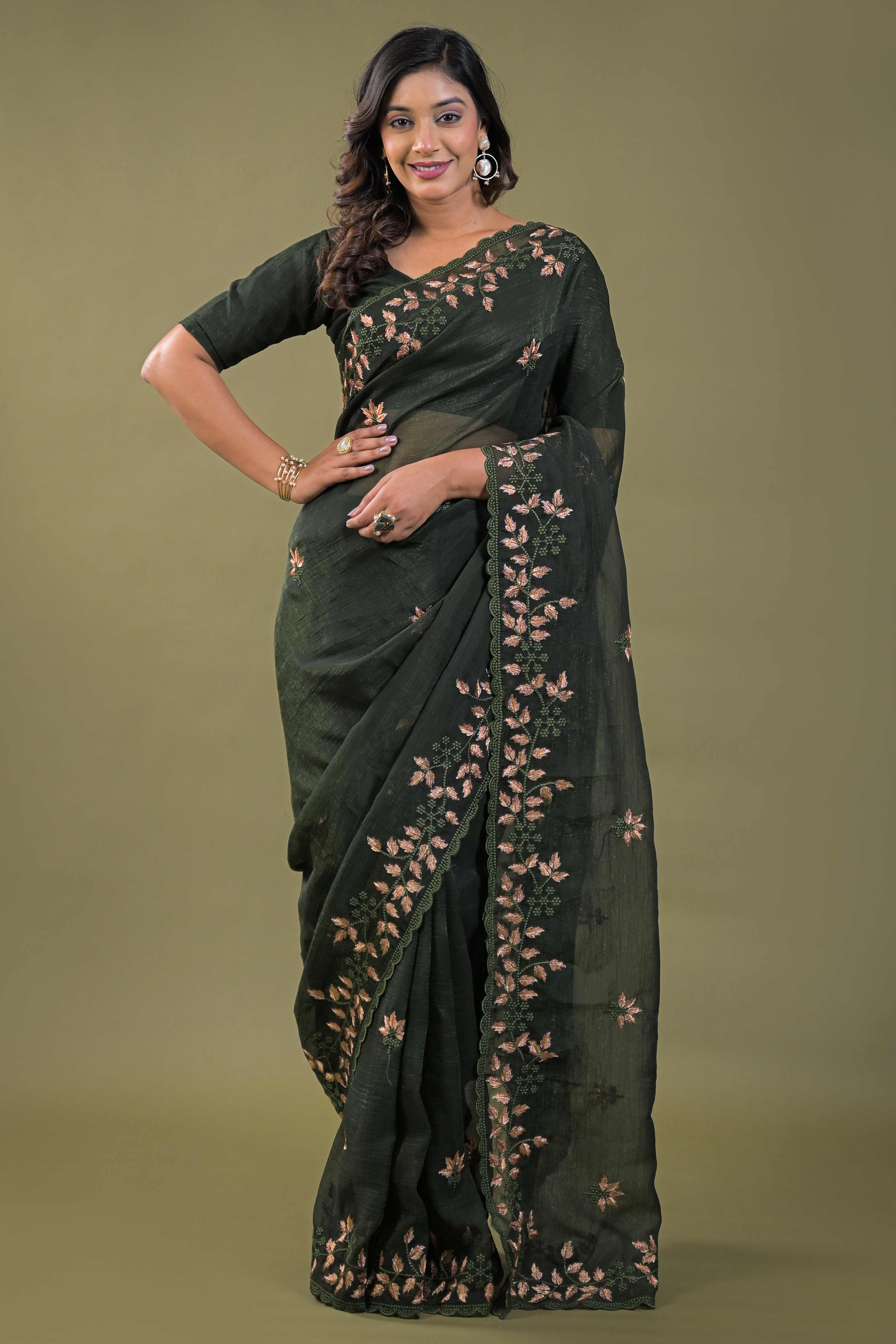 Mehendi Green Sheer Organza Saree Adorned with Floral Embroidery