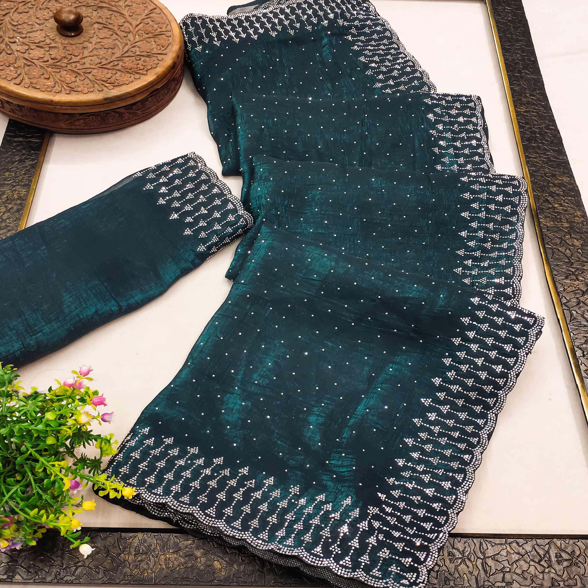 Morpich Green Organza Embellished Saree Adorned with Sparkling Stone Work