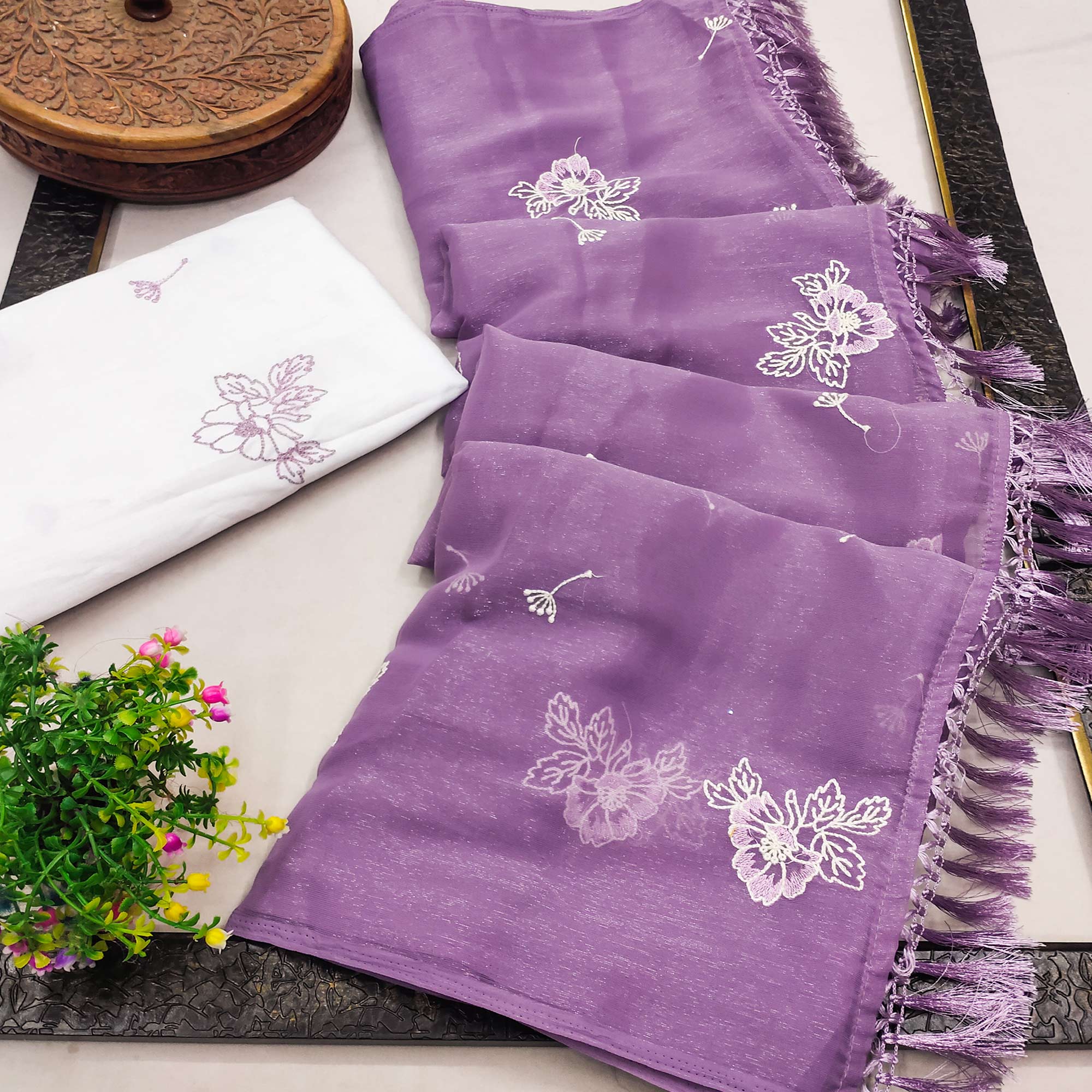 Designer Purple Chiffon Saree with Intricate Floral Embroidery