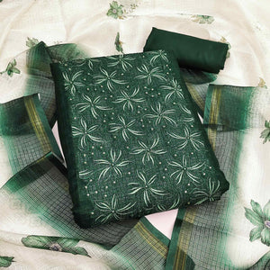 Green Unstitched Suit Material in Kota Doria with Floral Threadwork