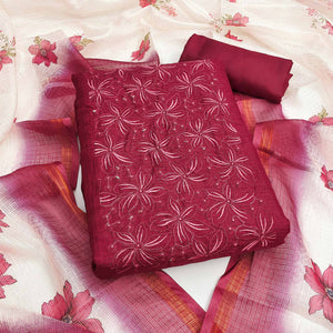 Pink Unstitched Suit Material in Kota Doria with Floral Threadwork