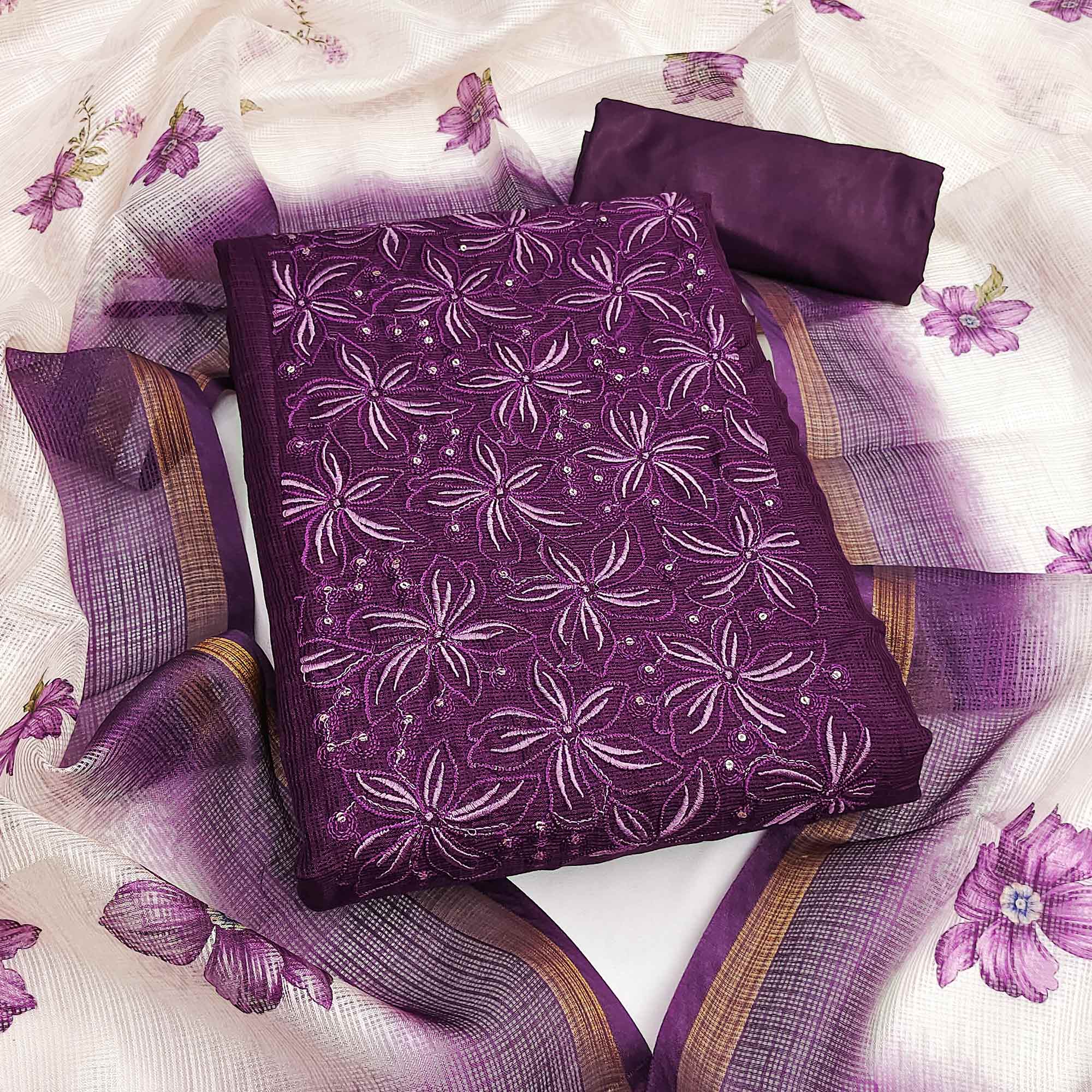 Purple Unstitched Suit Material in Kota Doria with Floral Threadwork