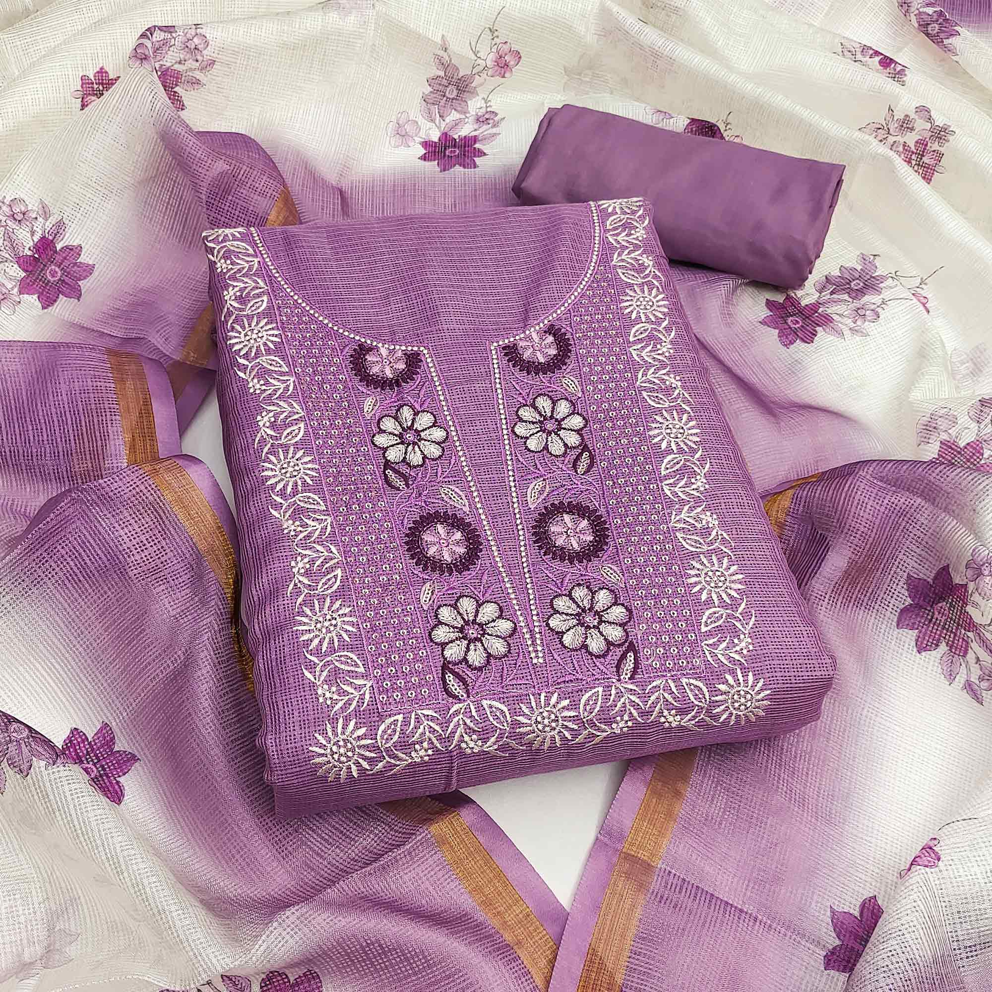 Purple Kota Doria Fabric with Beautifully Embroidered Floral Designs