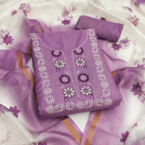 Purple Kota Doria Fabric with Beautifully Embroidered Floral Designs
