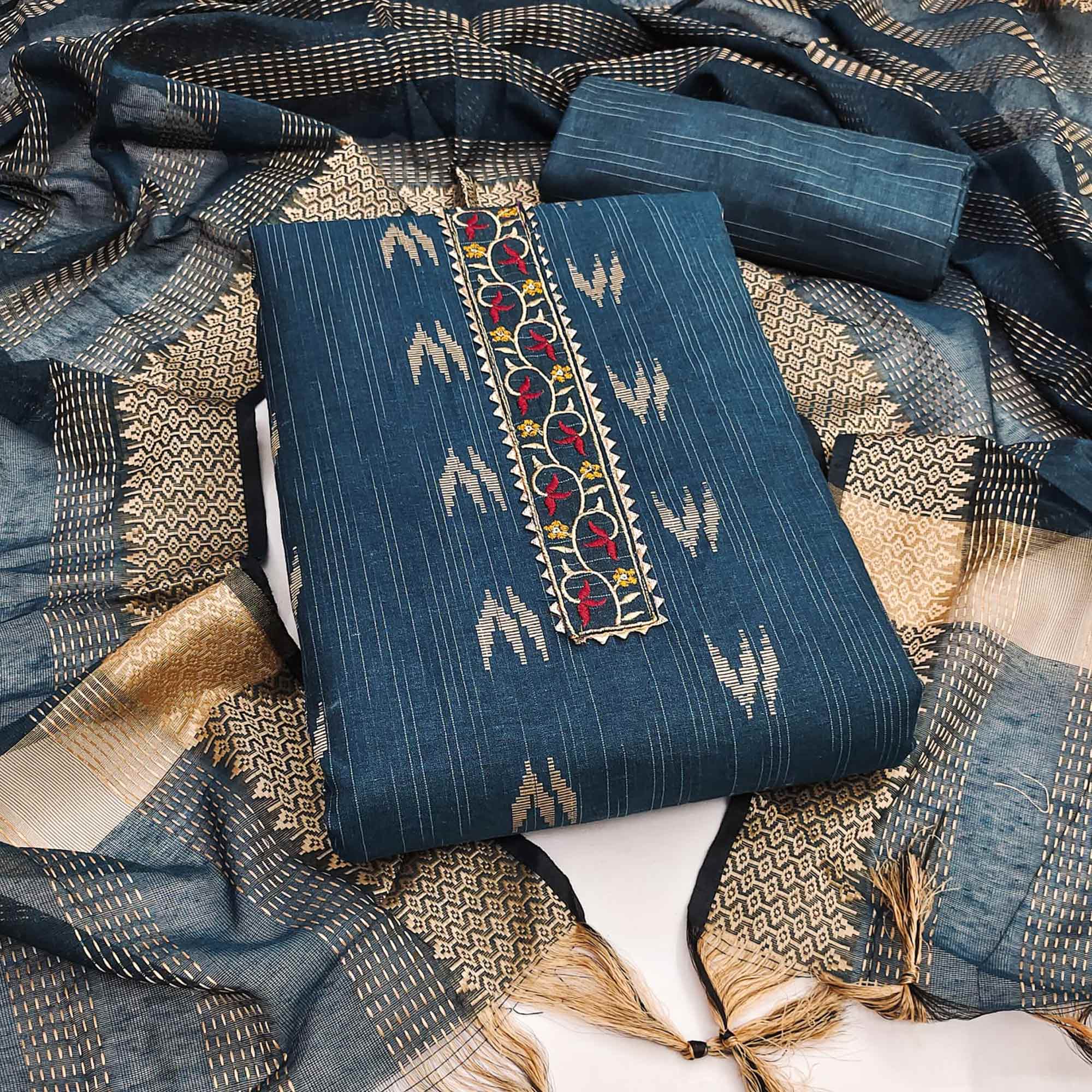 Blue Ikkat Style Woven Dress Material in Soft Pure Cotton for Everyday Wear