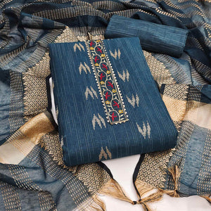 Blue Ikkat Style Woven Dress Material in Soft Pure Cotton for Everyday Wear