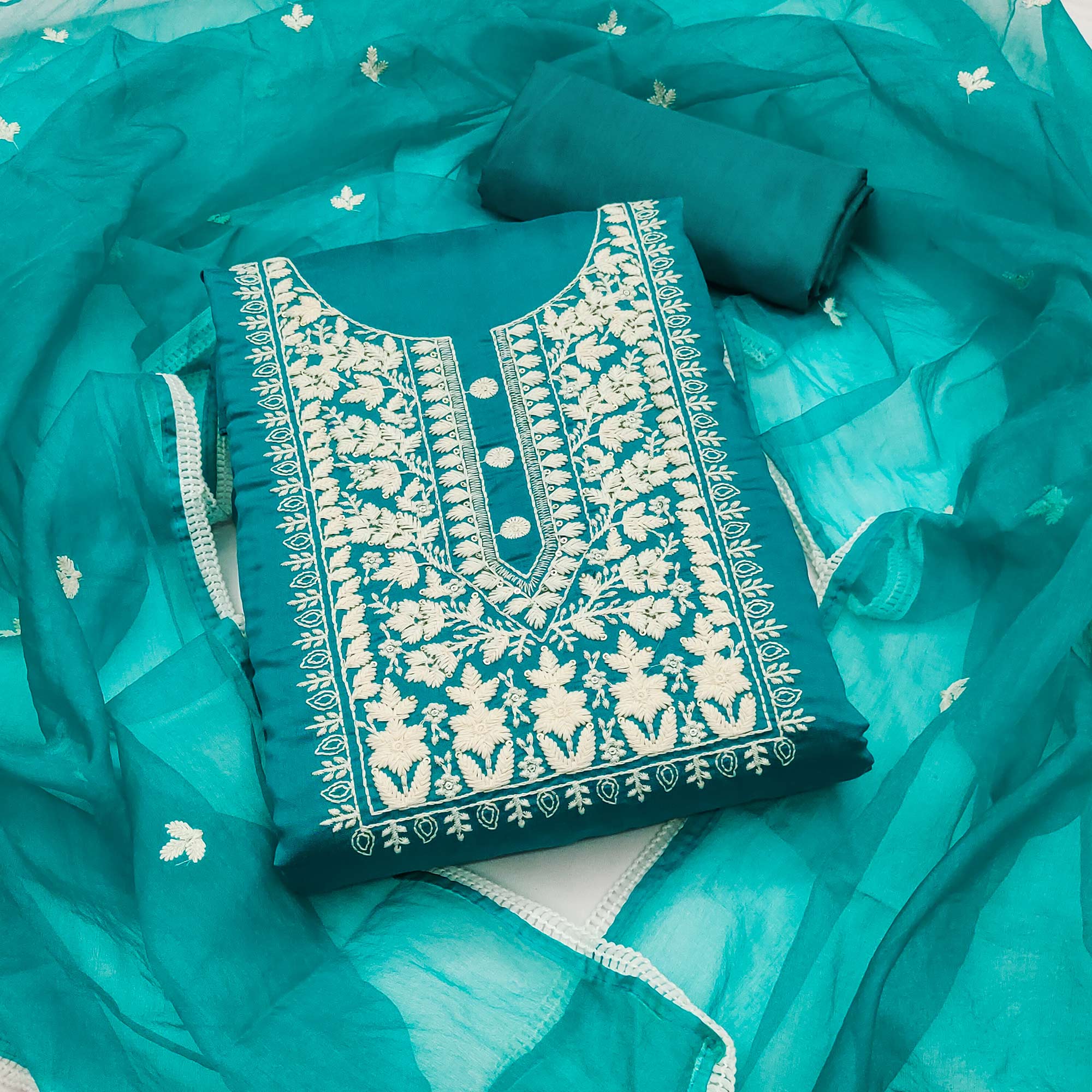 Soft Viscose Fabric in Turquoise with Delicate Floral Work