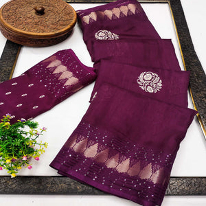 Festive Wine Dola Silk Saree with Printed Florals & Heritage Border Work