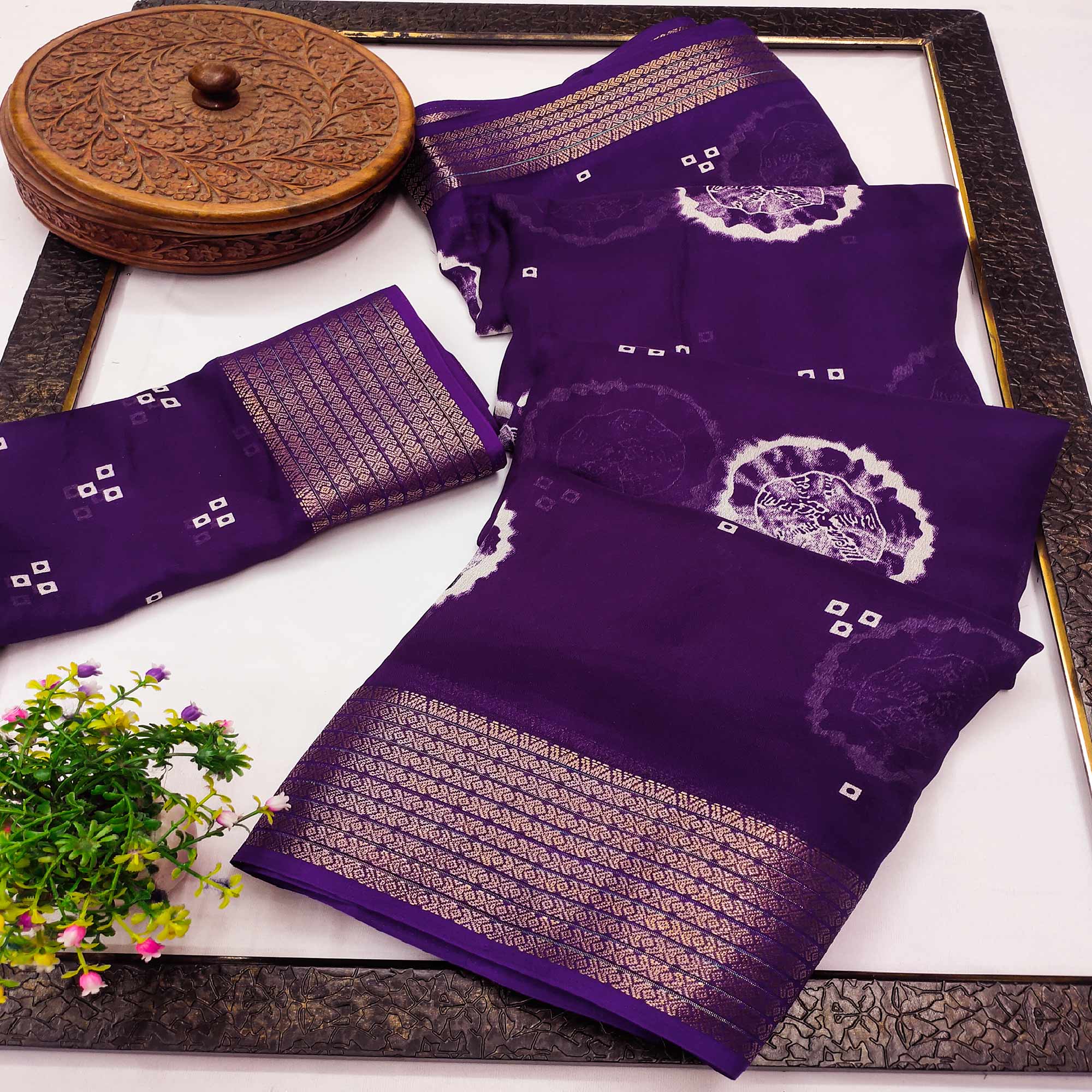 Designer Purple Satin Saree with Abstract Art Print & Elegant Border Weave