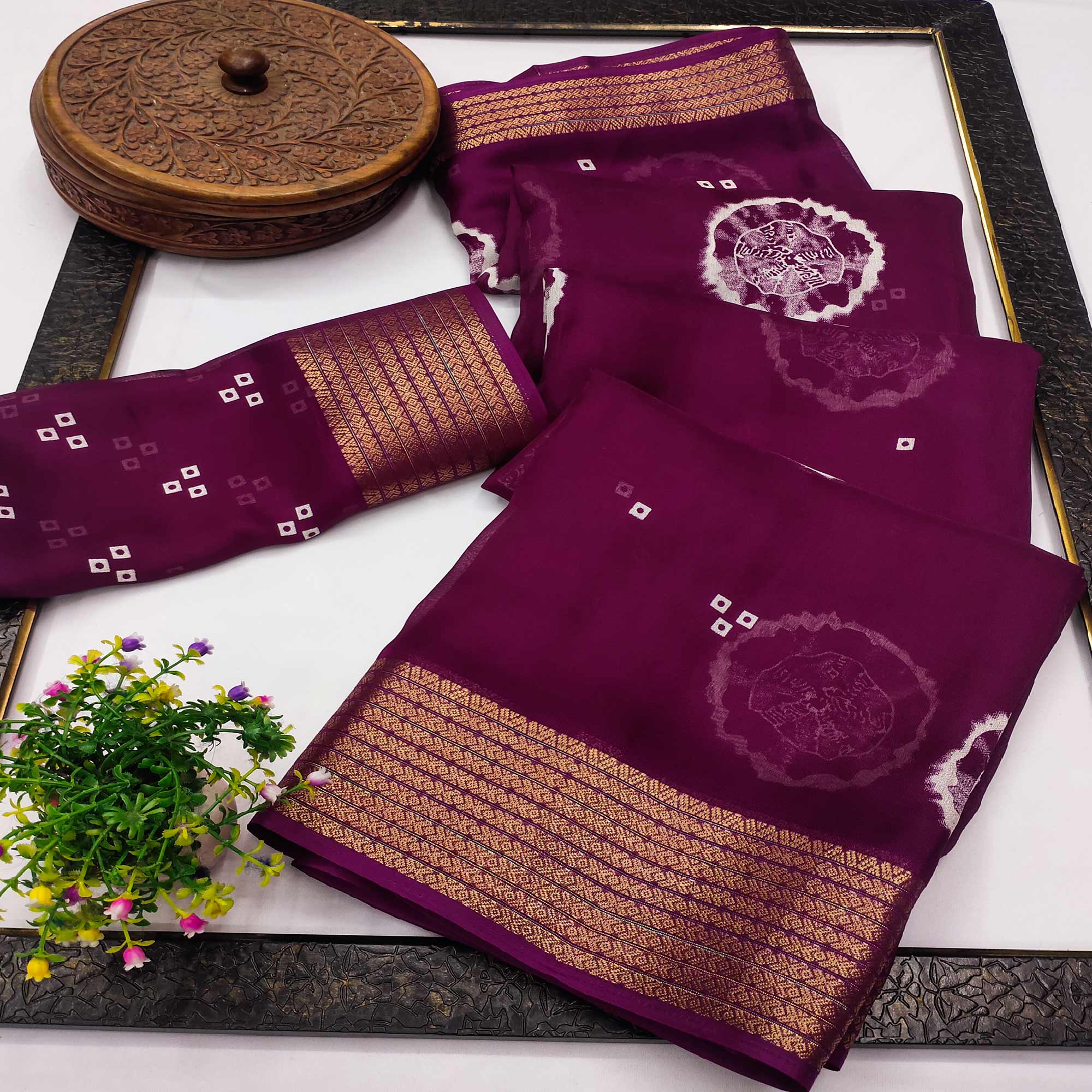 Designer Wine Satin Saree with Abstract Art Print & Elegant Border Weave