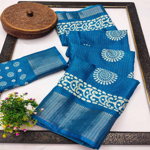 Classic Blue Dola Silk Saree Adorned with Floral Motifs & Rich Zari Work